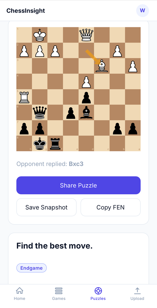ChessInsight mobile puzzle screen